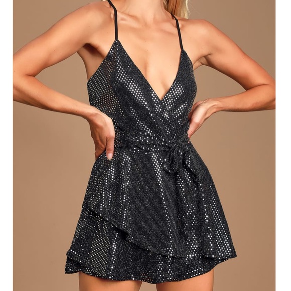 Lulus Dresses & Skirts - NWT Lulus Black and Silver Sequin Surplice Skort Romper